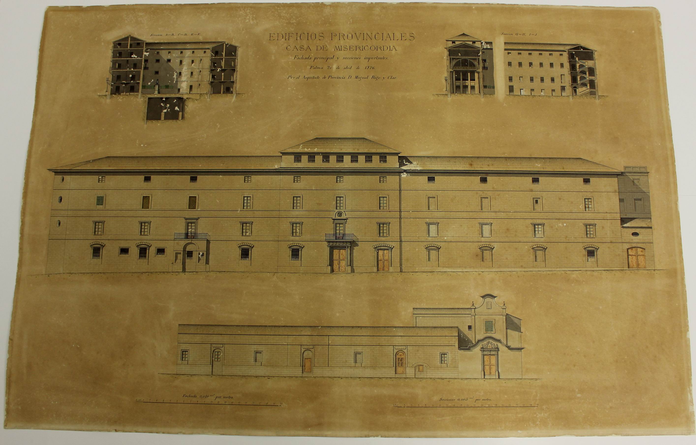 Fachada de la calle de la Misericordia: plano de la fachada principal y secciones importantes, Miquel Rigo, 1876 (AGCM III-347/15)