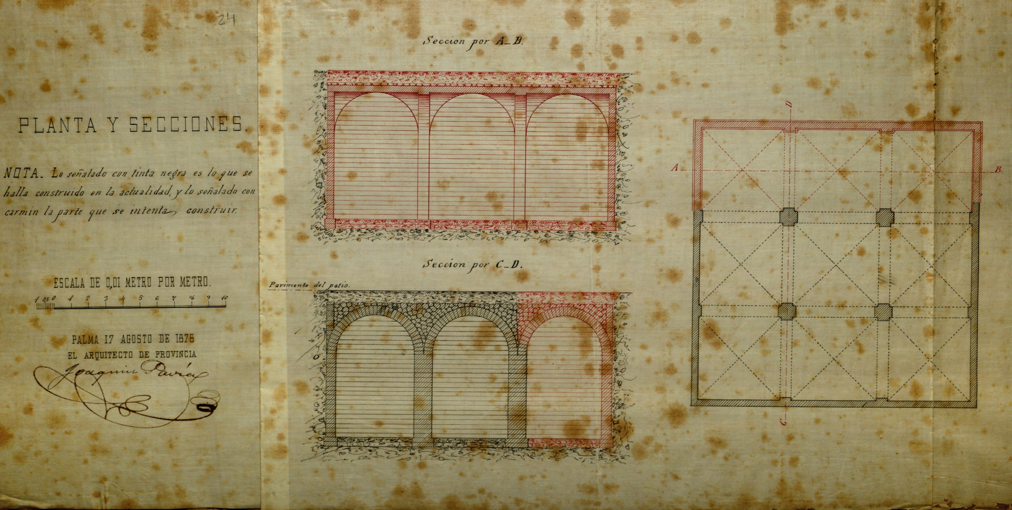 Aljibe de la Misericordia: detalle del plano del proyecto de construcción del aljibe, Joaquim Pavía, 1878 (AGCM V-694/2)