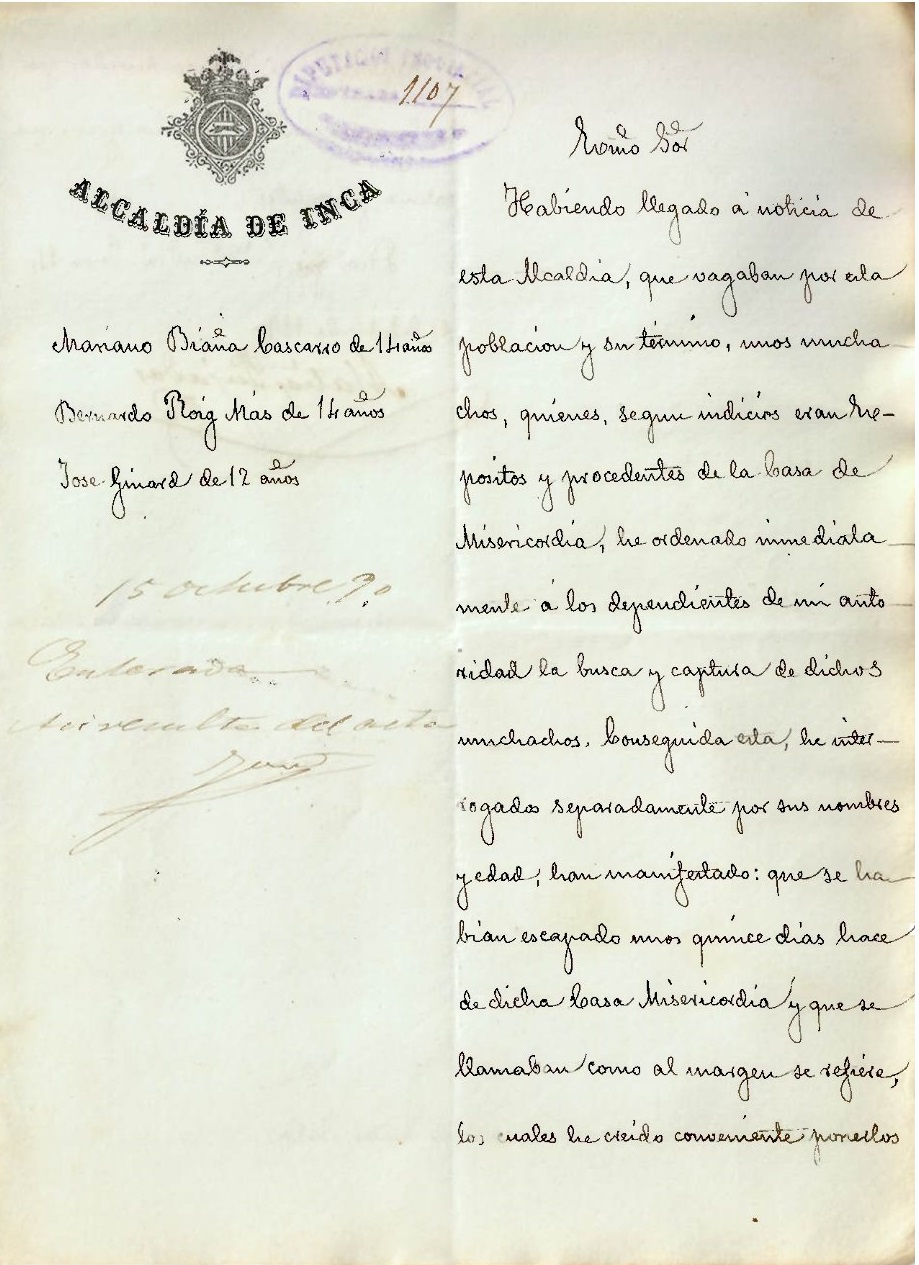 Casa de Misericordia: el alcalde de Inca ordena el retorno a la Casa de Misericordia de un grupo de niños asilados fugados de esta institución, 1890 (AGCM X-101/33)