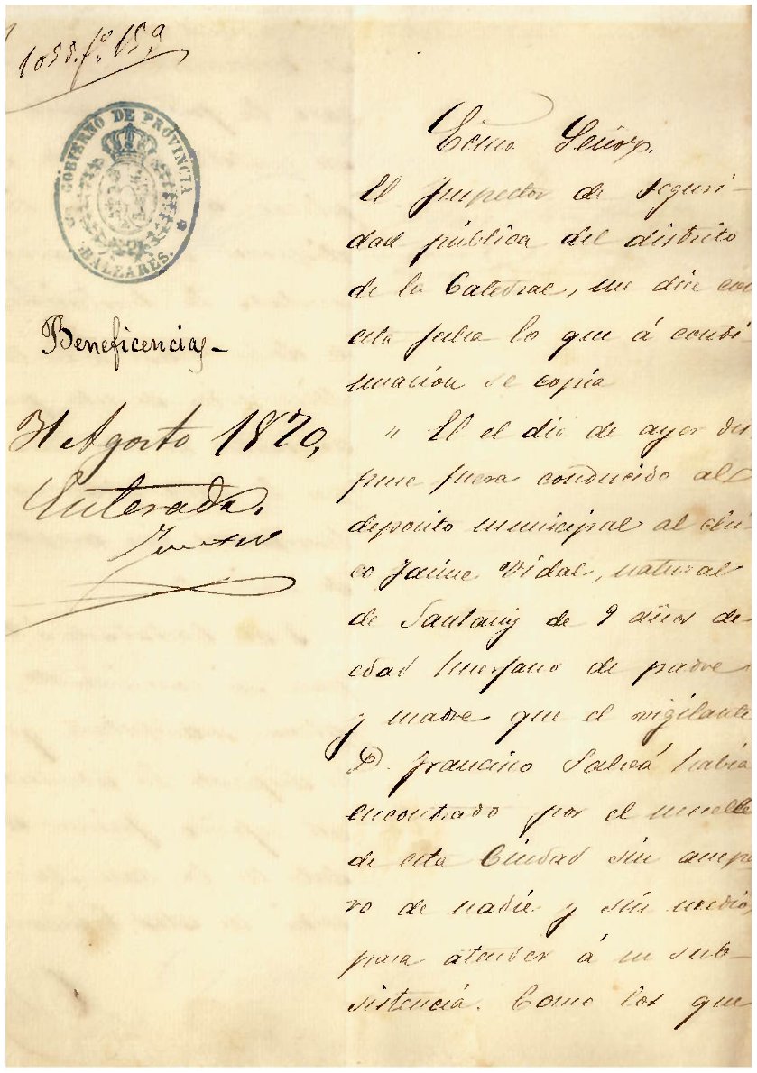 Casa de Misericordia: documento de un expediente de ingresos en la Casa de Misericordia, un niño de nueve años, huérfano, localizado en el muelle de Palma, 1870 (AGCM VI-962/10)
