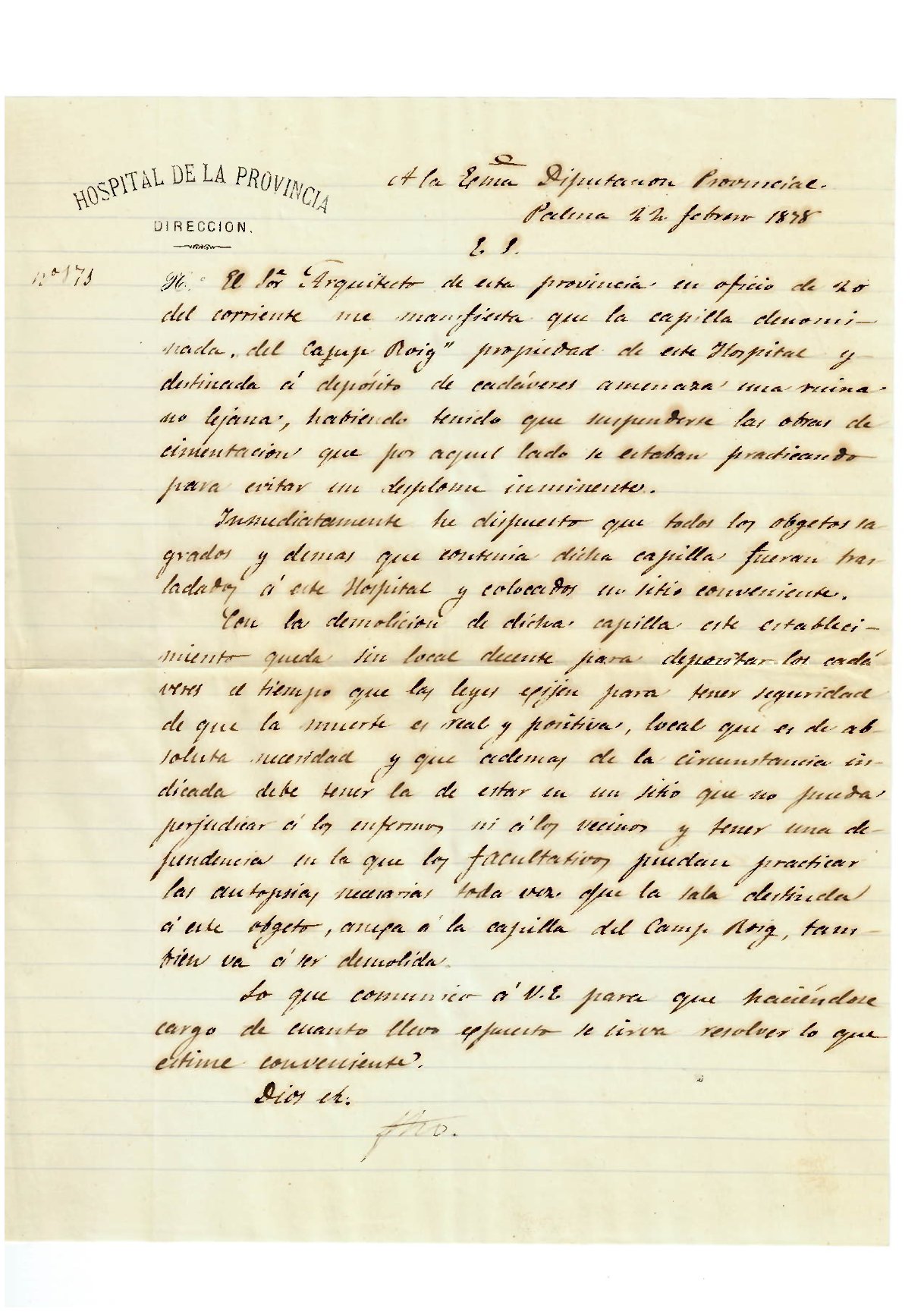 Cementerio y oratorio del Camp Roig: informe sobre la ruina del oratorio del Camp Roig, utilizada por el Hospital General como depósito de cadáveres, 1878 (AGCM VII-53/63)