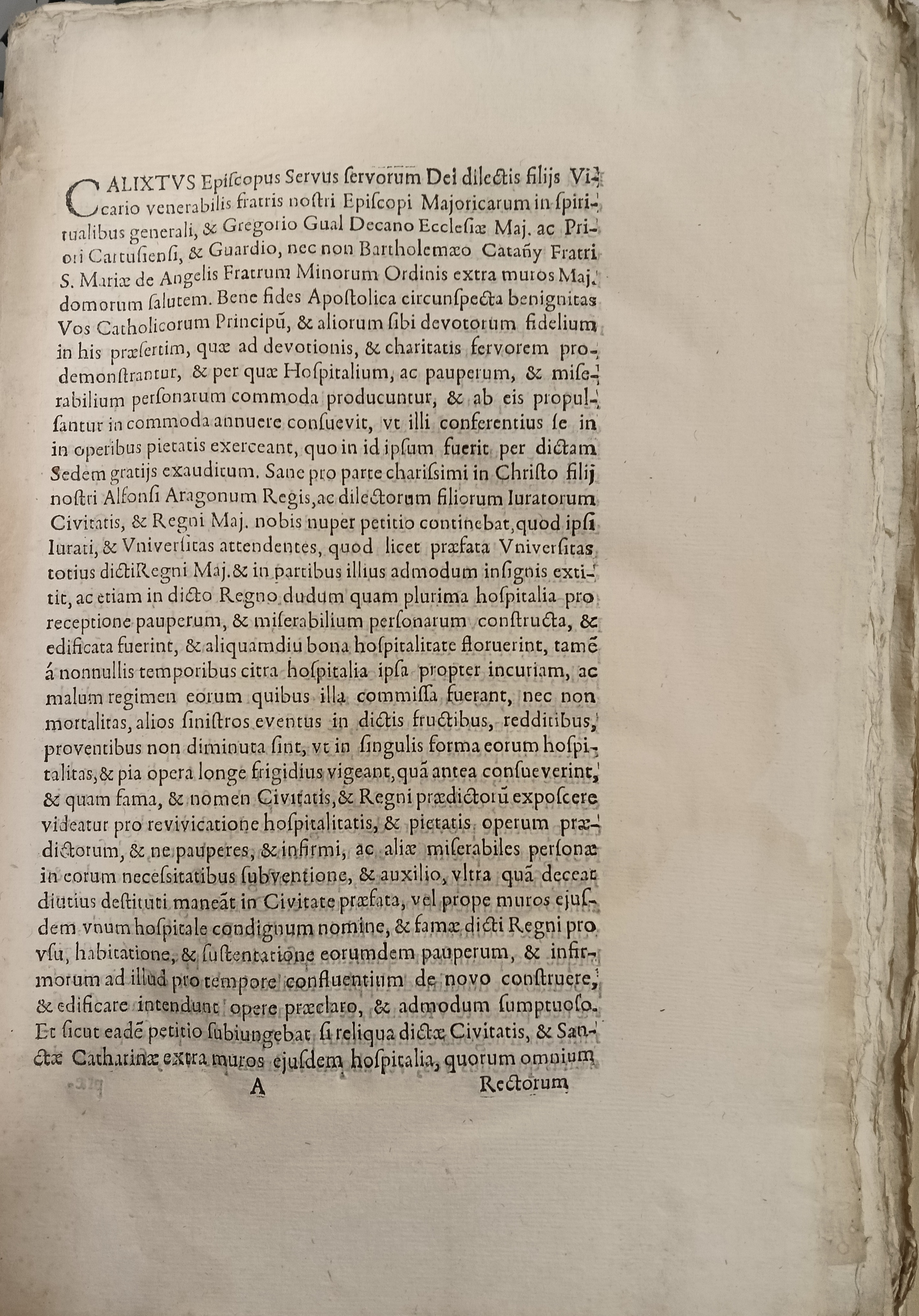 Hospital General: ejemplar impreso de la bula de Calixto III sobre la creación del Hospital General (AGCM III-336/4)