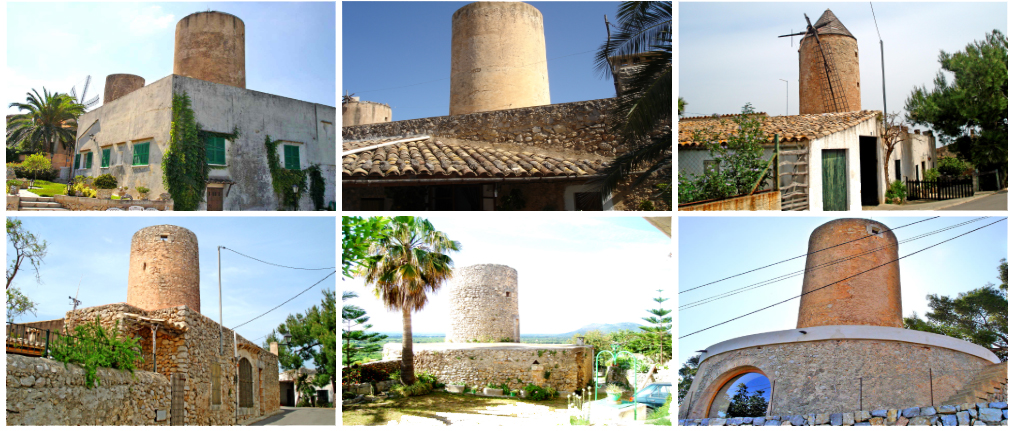 Molins de vent fariner de Can Pere Petit, Cas Rector, Can Garindo, Can Prohom, Can Catlar i Can Borreó al nucli urbà de Búger.